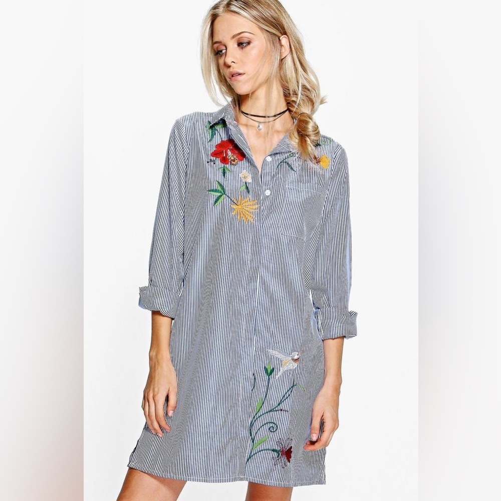 Boohoo Embroidered Detail Striped Shirt Button Down Dress, size 10 - Picture 3 of 13